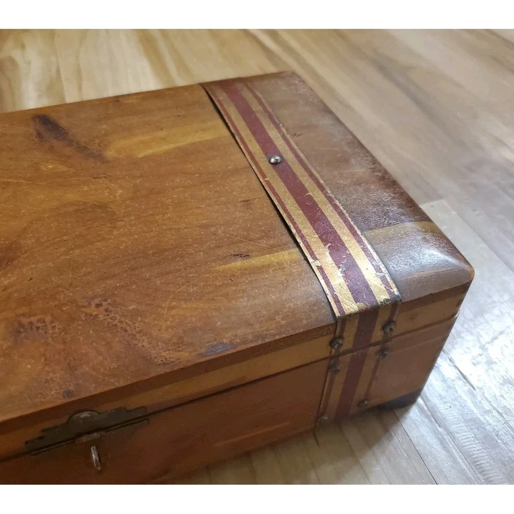 Vintage Rustic Wood Trinket Box Flat Top Storage Chest Striped Metal